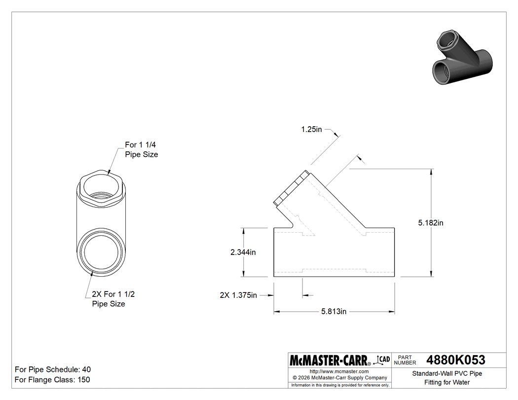 Technical Drawing of Standard-Wall PVC Pipe Fitting for Water, Wye Reducer, 1-1/2 Size Socket Female x 1-1/4 Size Socket Female.